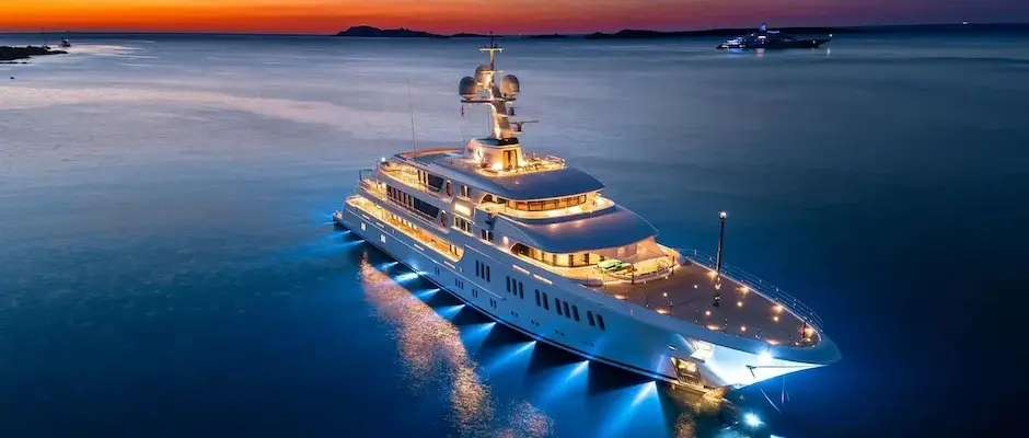 After darkness settles over the superyacht
